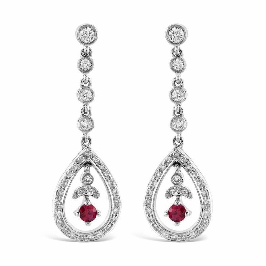 18ct White Gold Ruby & Diamond Open Teardrop Shaped Drop Earrings