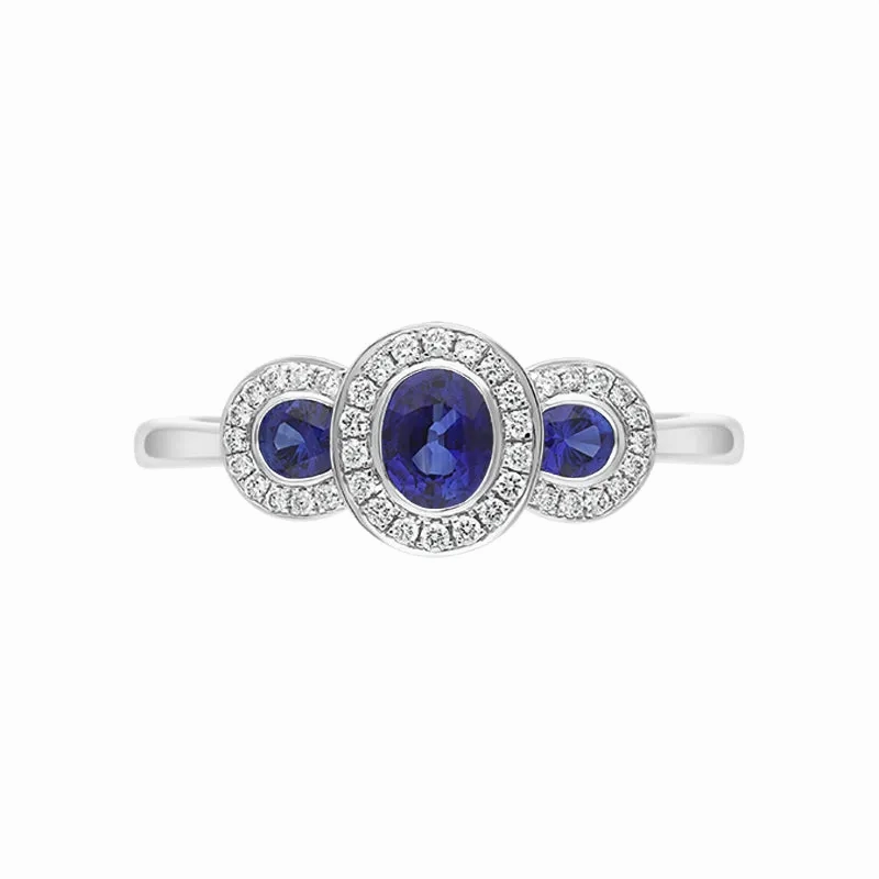 18ct White Gold Sapphire Diamond Pave Triple Cluster Ring