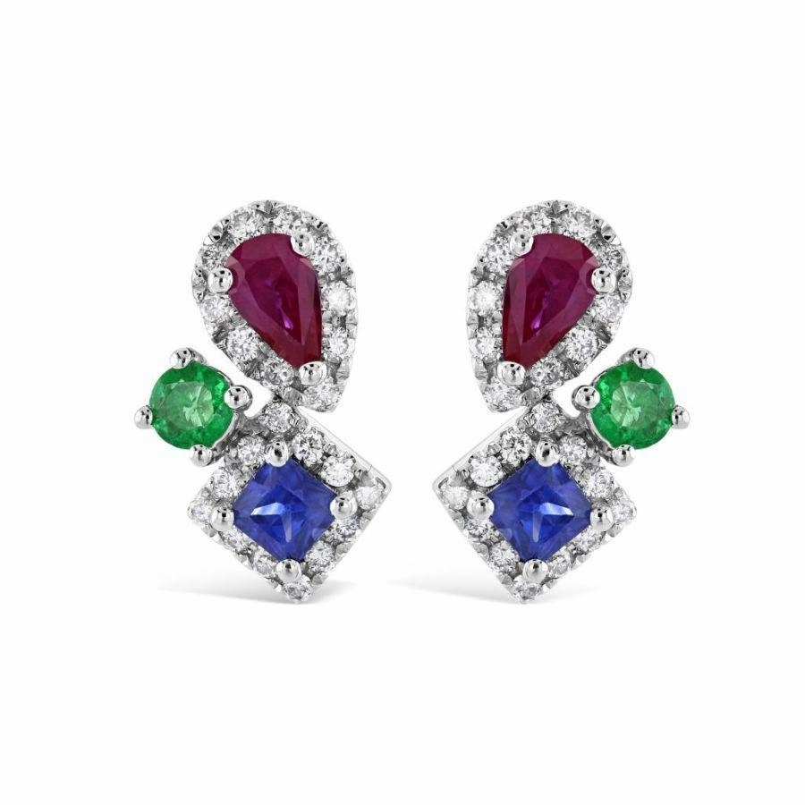 18ct White Gold Sapphire, Ruby, Emerald & Diamond Stud Earrings