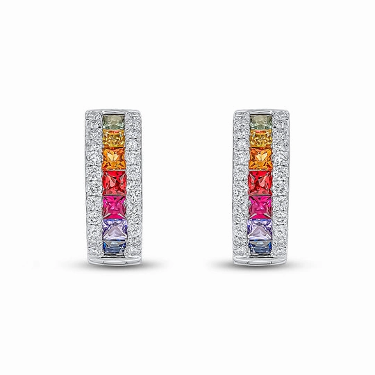 18ct White Gold Square Multi Sapphire & Diamond Huggy Hoop Earrings