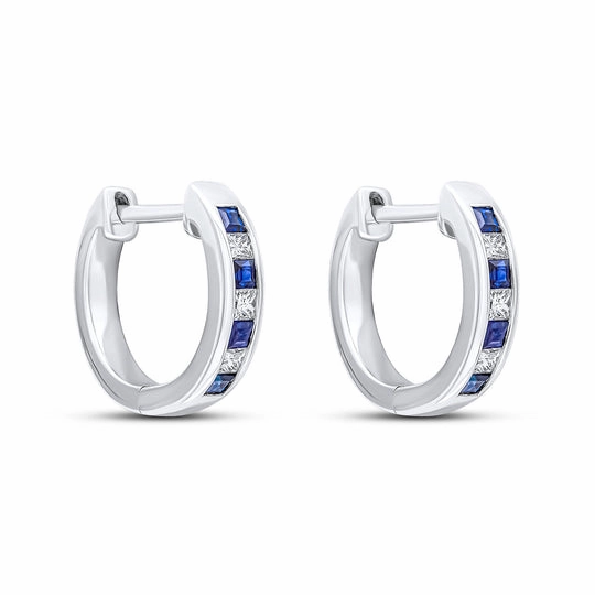18ct White Gold Square Sapphire & Diamond Channel Huggy Hoop Earrings 14mm