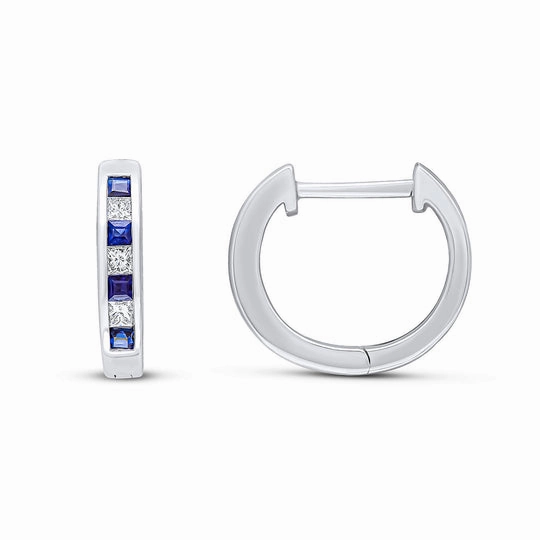 18ct White Gold Square Sapphire & Diamond Channel Huggy Hoop Earrings 14mm