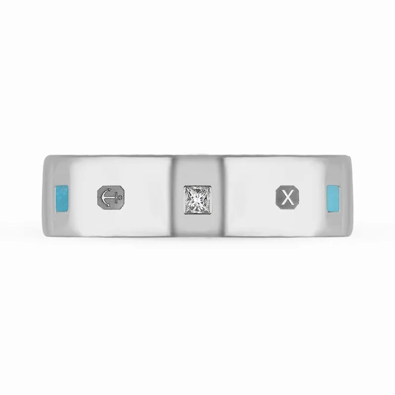 18ct White Gold Turquoise 0.18ct Diamond Queen's Jubilee Hallmark Princess Cut 6mm Ring D