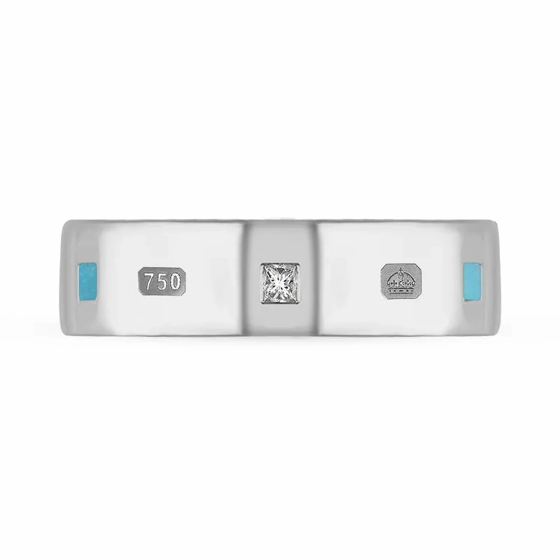 18ct White Gold Turquoise 0.18ct Diamond Queen's Jubilee Hallmark Princess Cut 6mm Ring D