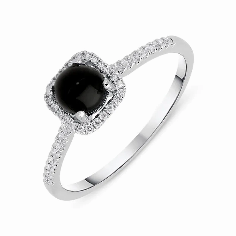 18ct White Gold Whitby Jet 0.16ct Diamond Square Cluster Ring