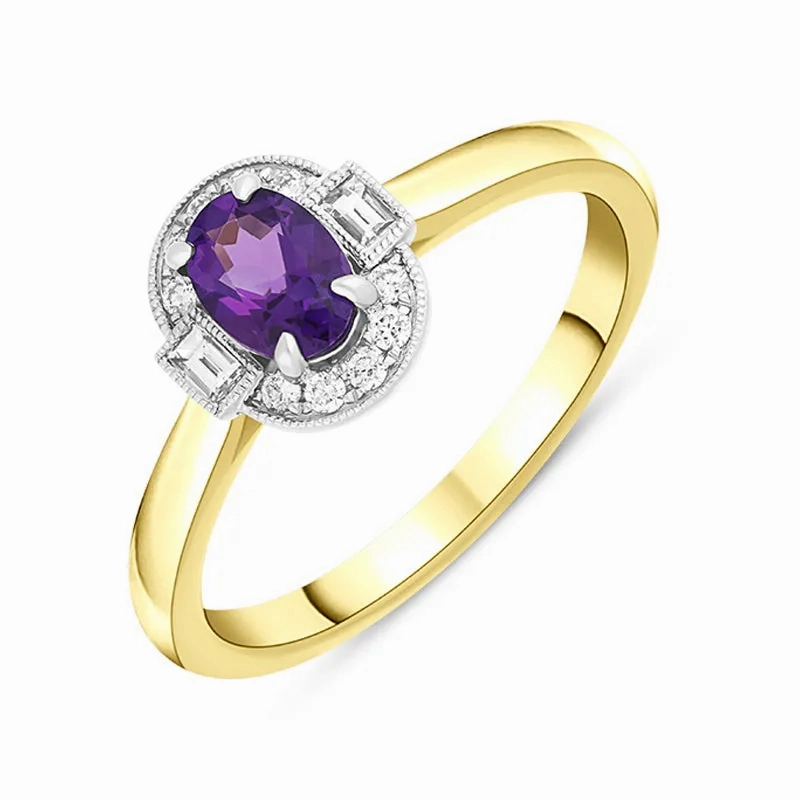 18ct Yellow Gold 0.63ct Amethyst Diamond Baguette Cut Halo Ring