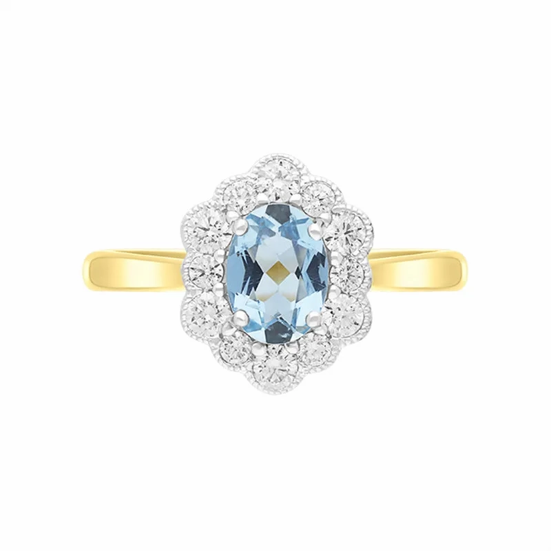 18ct Yellow Gold 0.67ct Aquamarine Diamond Halo Ring