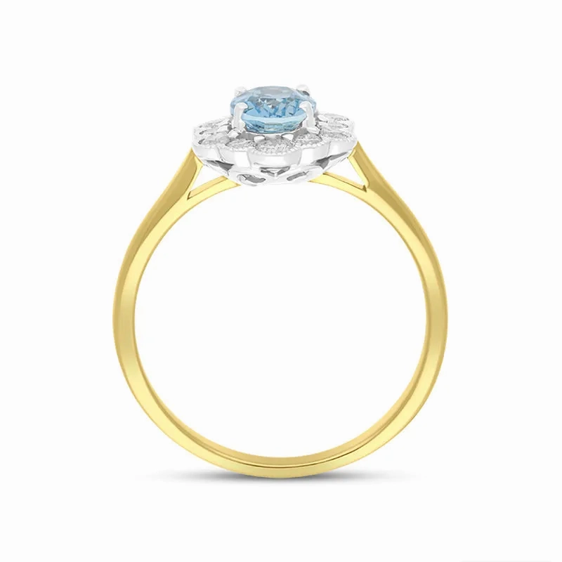 18ct Yellow Gold 0.67ct Aquamarine Diamond Halo Ring