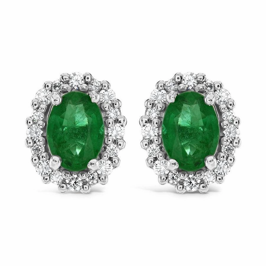 18ct Yellow Gold Oval Cut Emerald & Diamond Cluster Stud Earrings