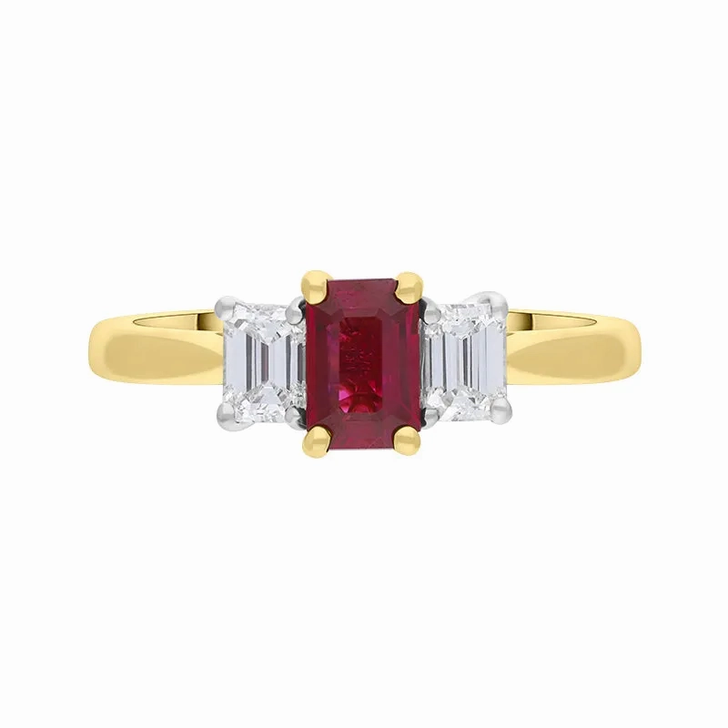 18ct Yellow Gold Ruby Diamond Emerald Cut Three Stone Ring