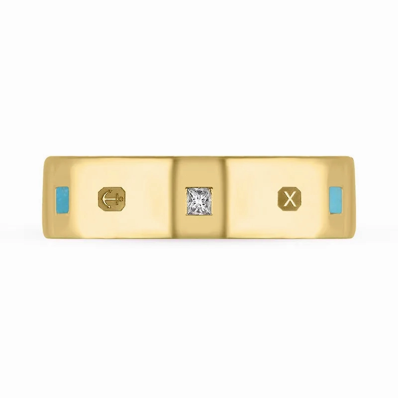 18ct Yellow Gold Turquoise 0.18ct Diamond Queen's Jubilee Hallmark Princess Cut 6mm Ring D