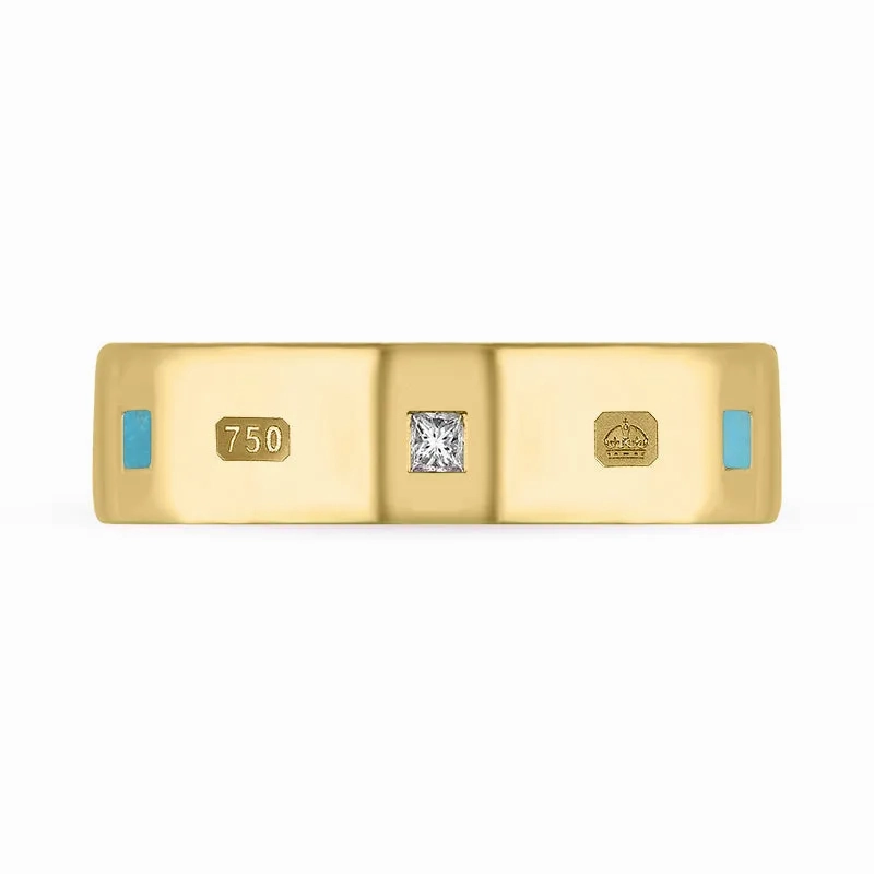 18ct Yellow Gold Turquoise 0.18ct Diamond Queen's Jubilee Hallmark Princess Cut 6mm Ring D