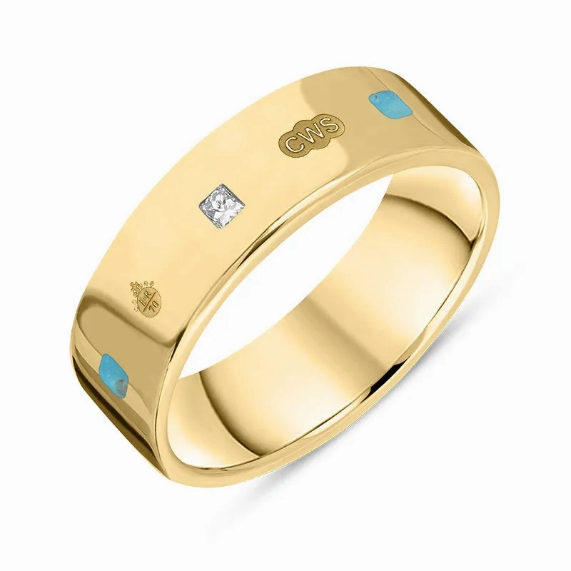 18ct Yellow Gold Turquoise 0.18ct Diamond Queen's Jubilee Hallmark Princess Cut 6mm Ring D