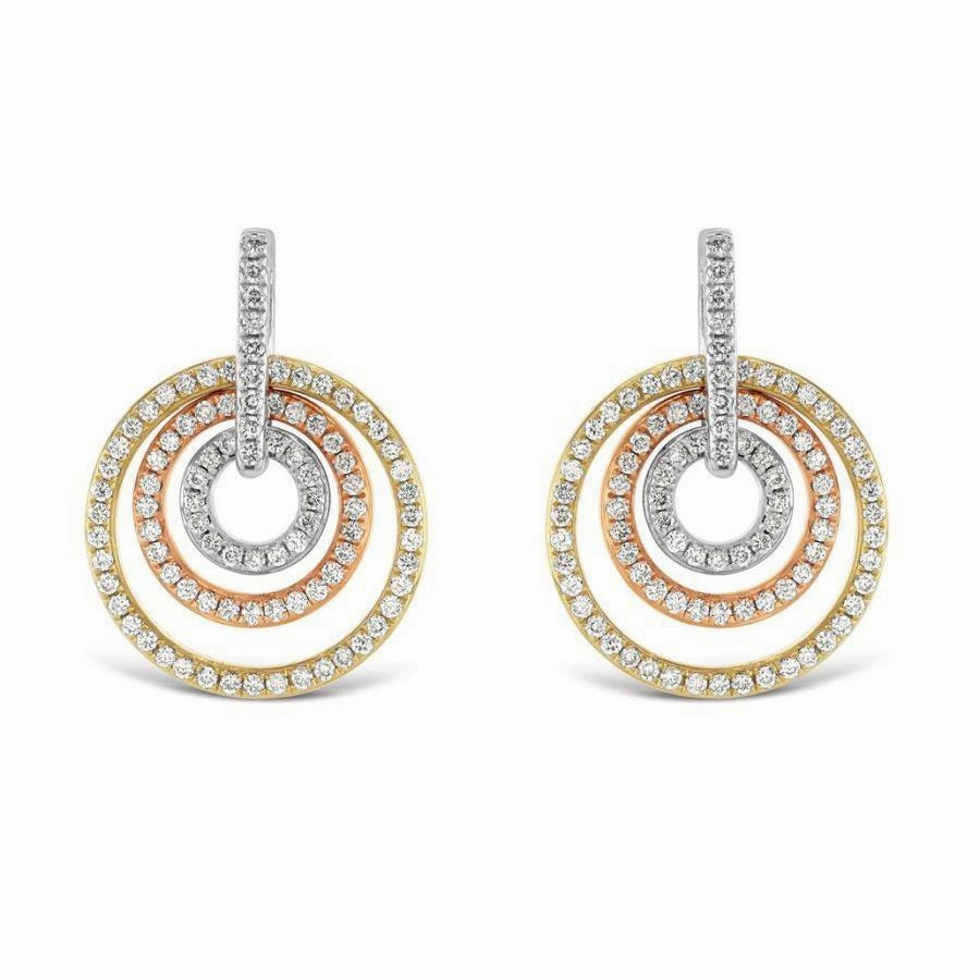18ct Yellow, White & Rose Gold Diamond Set Concentric Circle Drop Earrings