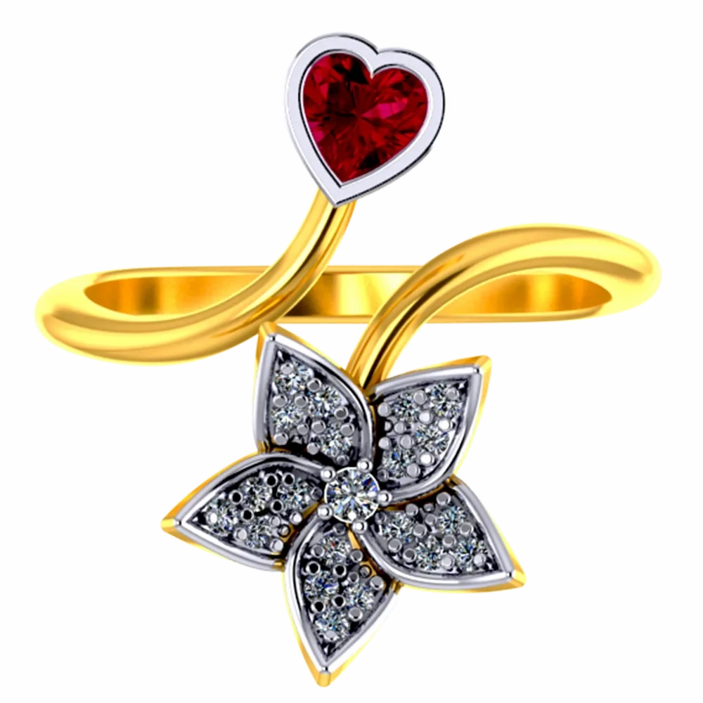 18k Diamond Ring With A Diamond Studded Five-petal Floral Design And A Mini Heart Pendant