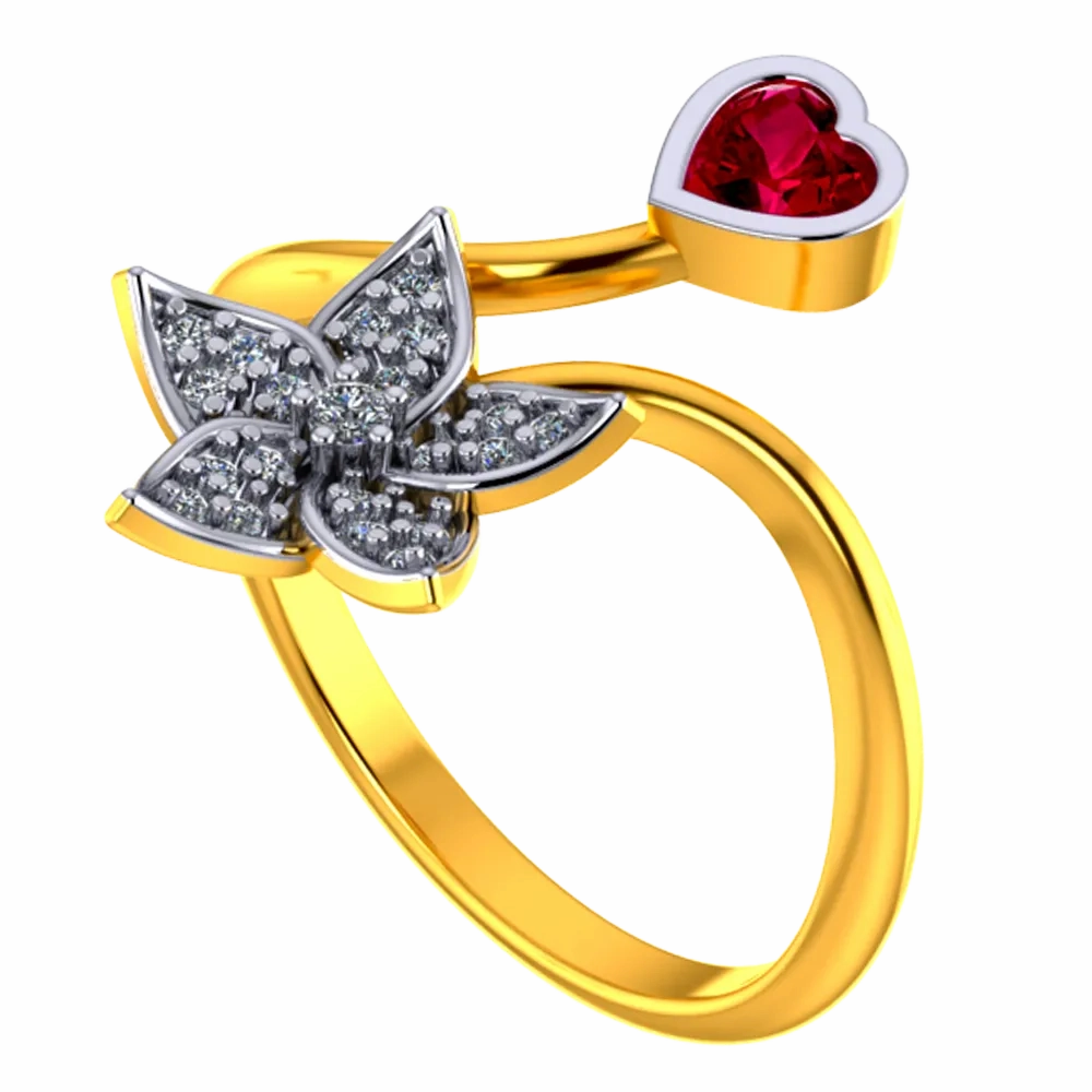 18k Diamond Ring With A Diamond Studded Five-petal Floral Design And A Mini Heart Pendant