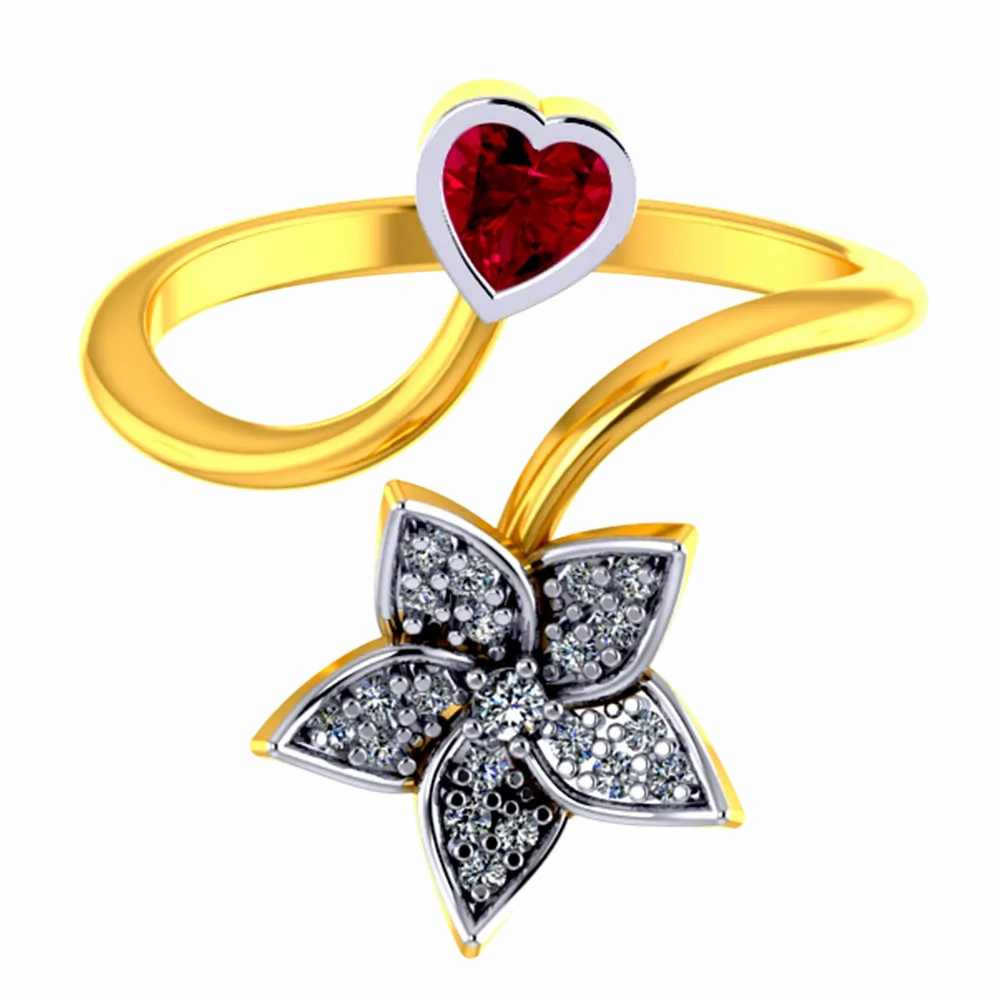 18k Diamond Ring With A Diamond Studded Five-petal Floral Design And A Mini Heart Pendant