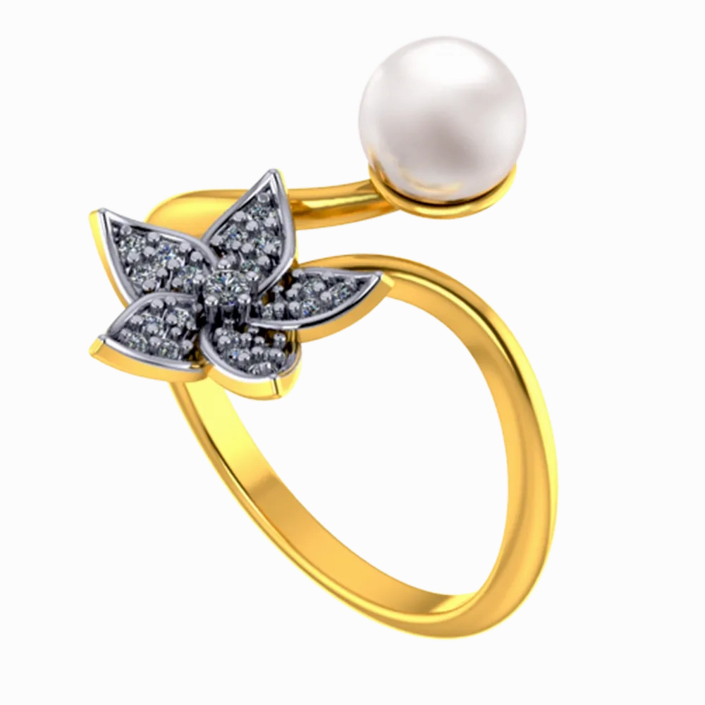 18k Diamond Ring With A Diamond Studded Five-petal Floral Design And A Pearl