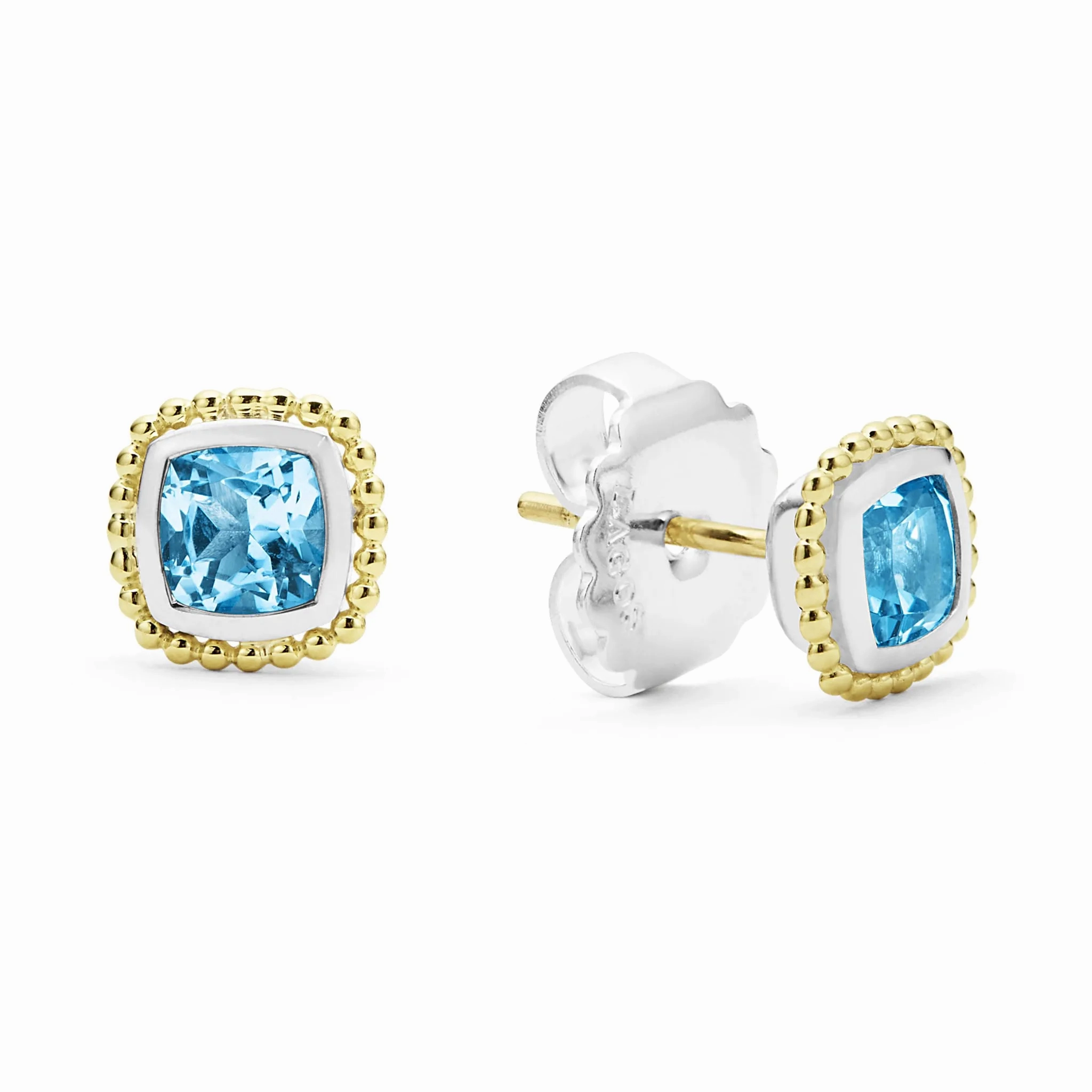 18K Gold Caviar Swiss Blue Topaz Stud Earrings