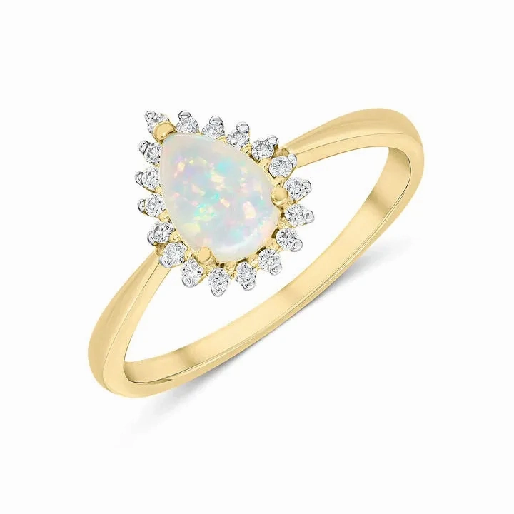 18K Yellow Gold Opal &amp; Diamond Halo Ring