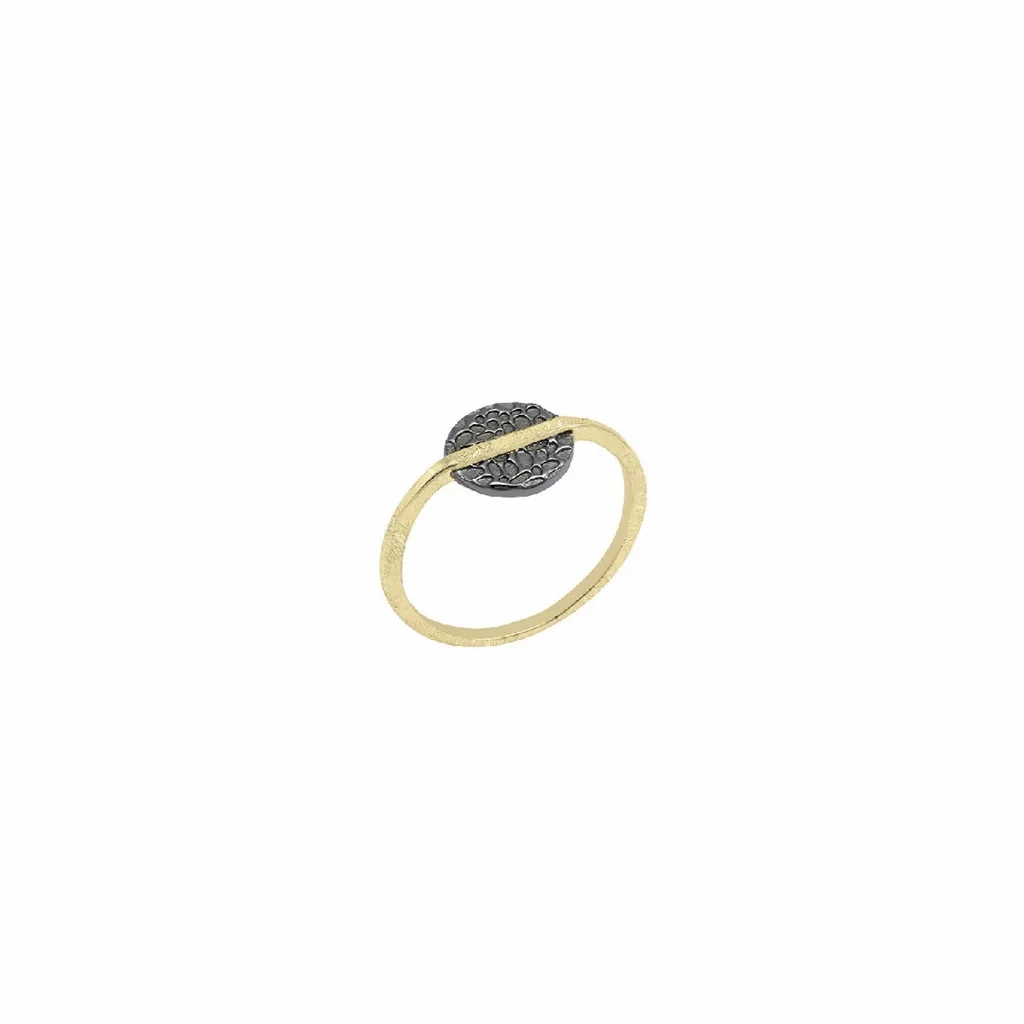 18K Yellow Gold Vermeil Black Ruthenium Textured Circle Rin