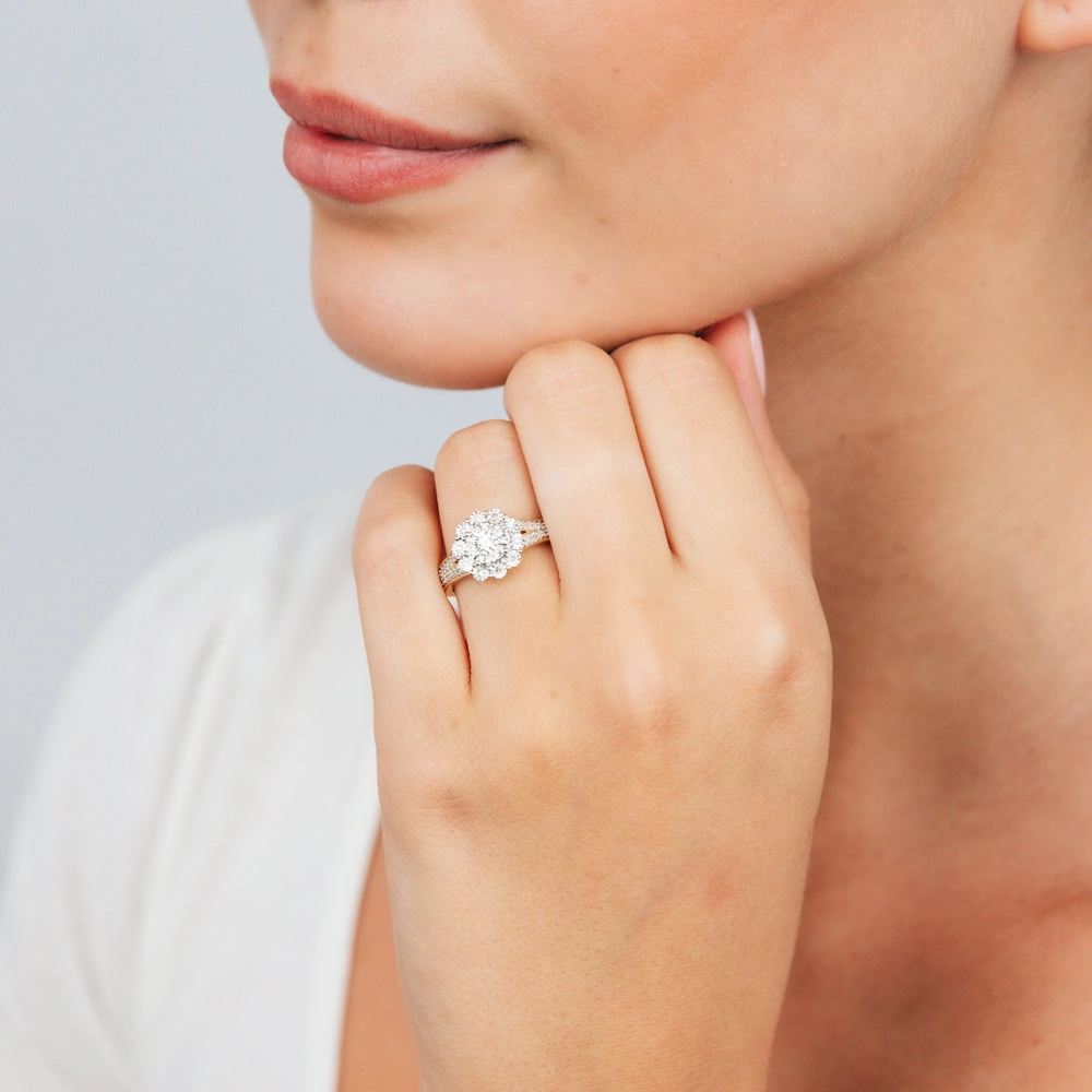 1/3 Carat Diamond Halo Ring with Split Shank in 9ct Yellow Gold