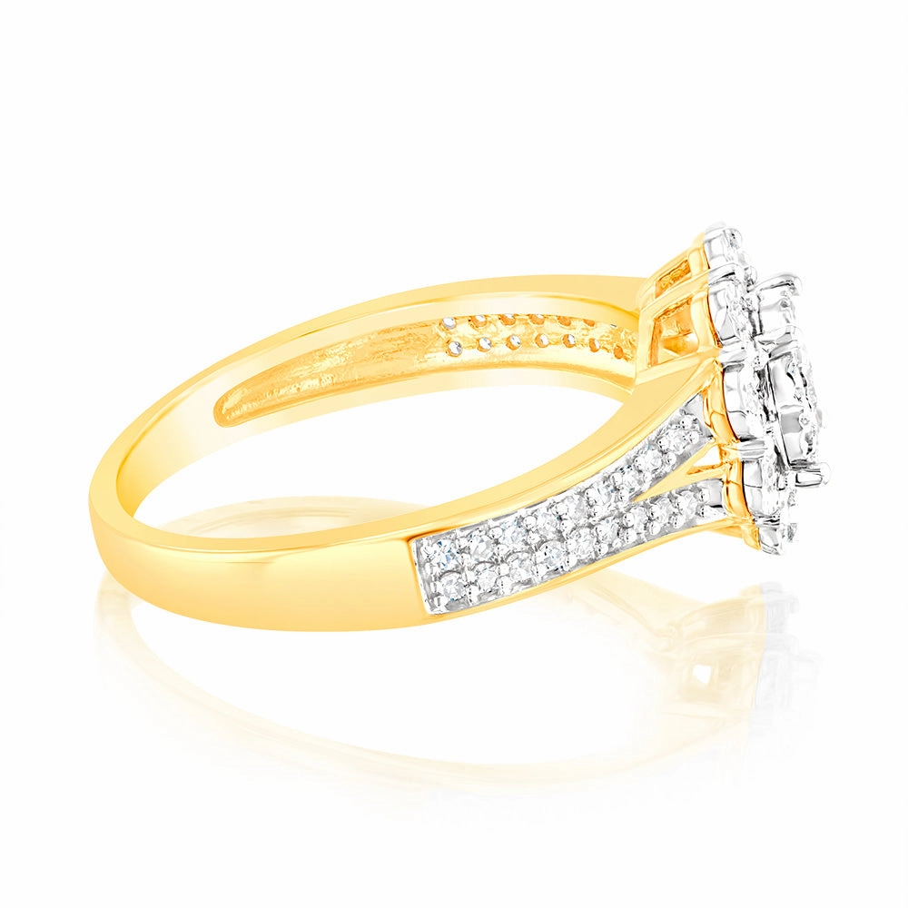 1/3 Carat Diamond Halo Ring with Split Shank in 9ct Yellow Gold