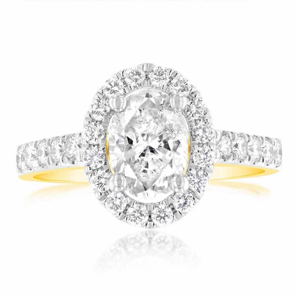 1.50 Carat Diamond Ring With 1 Carat Oval Centre Surrounded by 1/2 Carat Round Diamond Halo in 18ct Yellow Gold