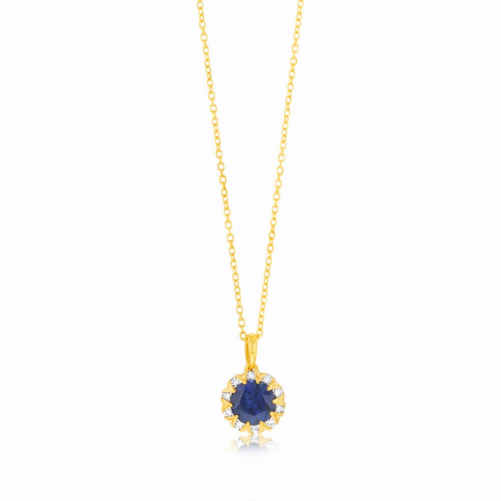 1 Carat Created Sapphire and Diamond Pendant with 45cm Chain in 9ct Yellow Gold