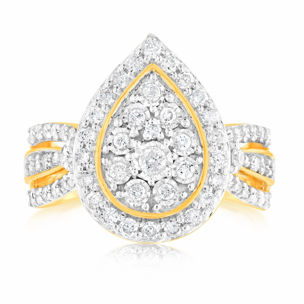 1 Carat Diamond Cluster Ring with 69 Round Brilliant Diamonds in 9ct Yellow Gold