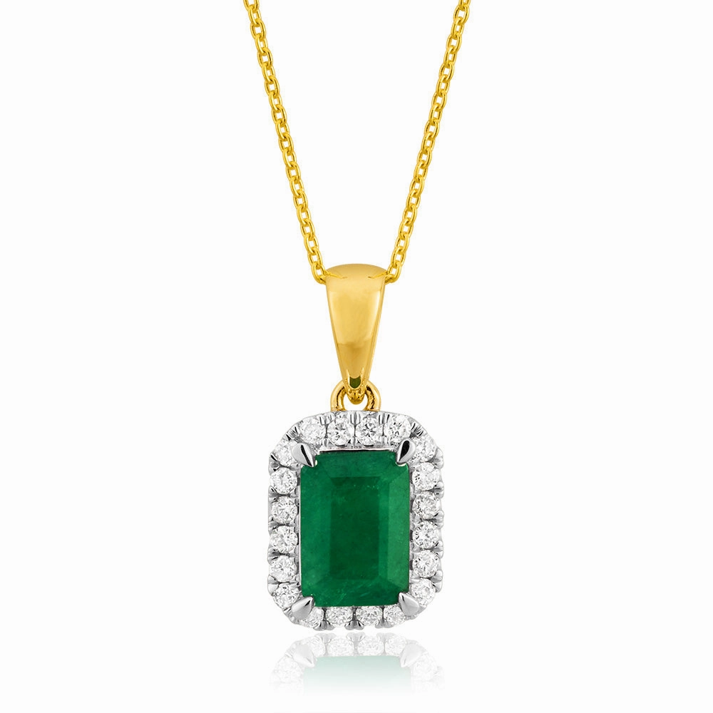 1 Carat Natural Emerald & Diamond Pendant with 45cm Chain in 9ct Yellow Gold