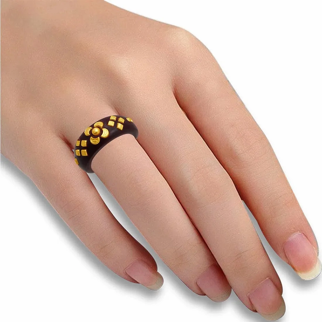 22KT (916) Yellow Gold Brown Pola Ring With Floral Embellishments For Women &amp; Girls (Size 15)