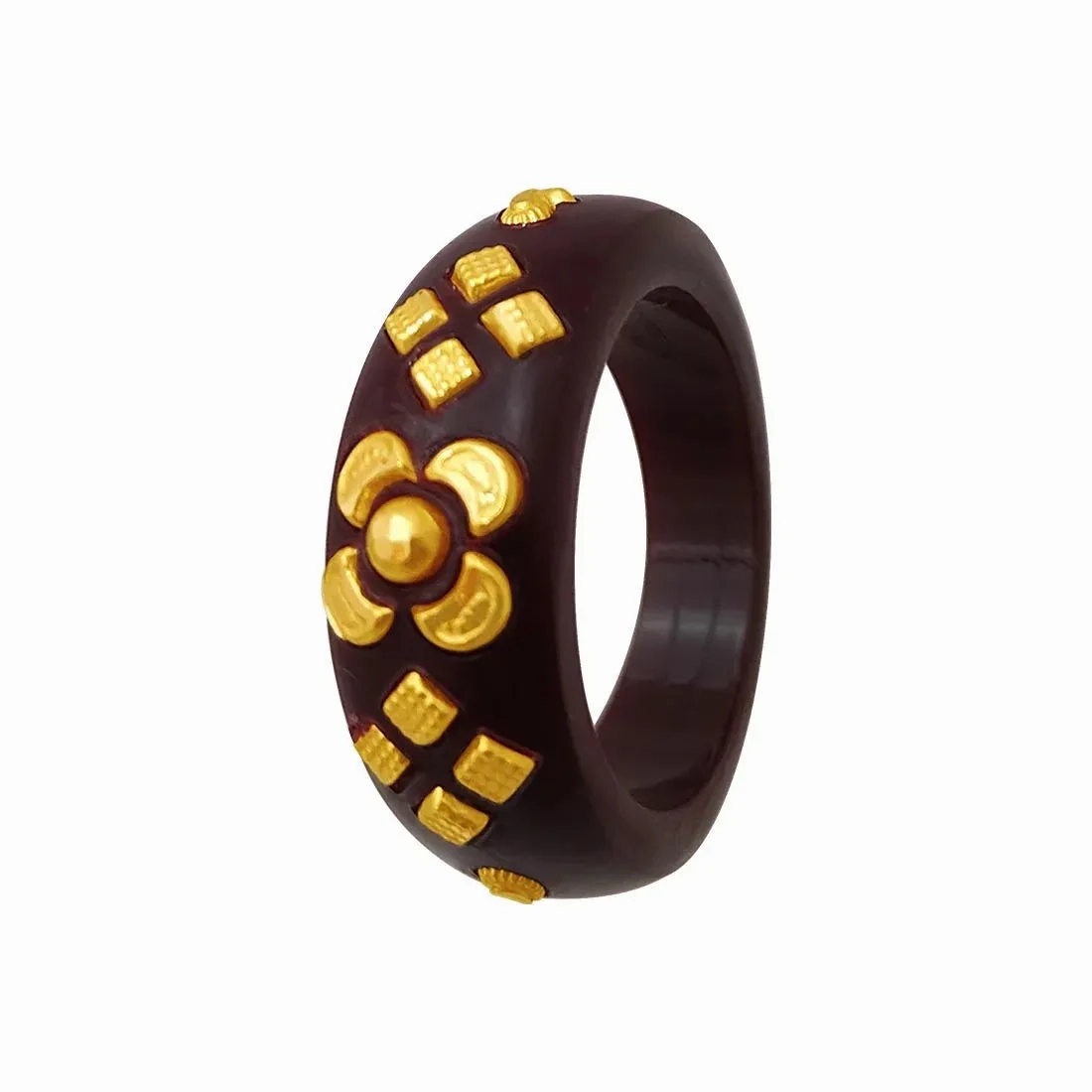 22KT (916) Yellow Gold Brown Pola Ring With Floral Embellishments For Women &amp; Girls (Size 15)