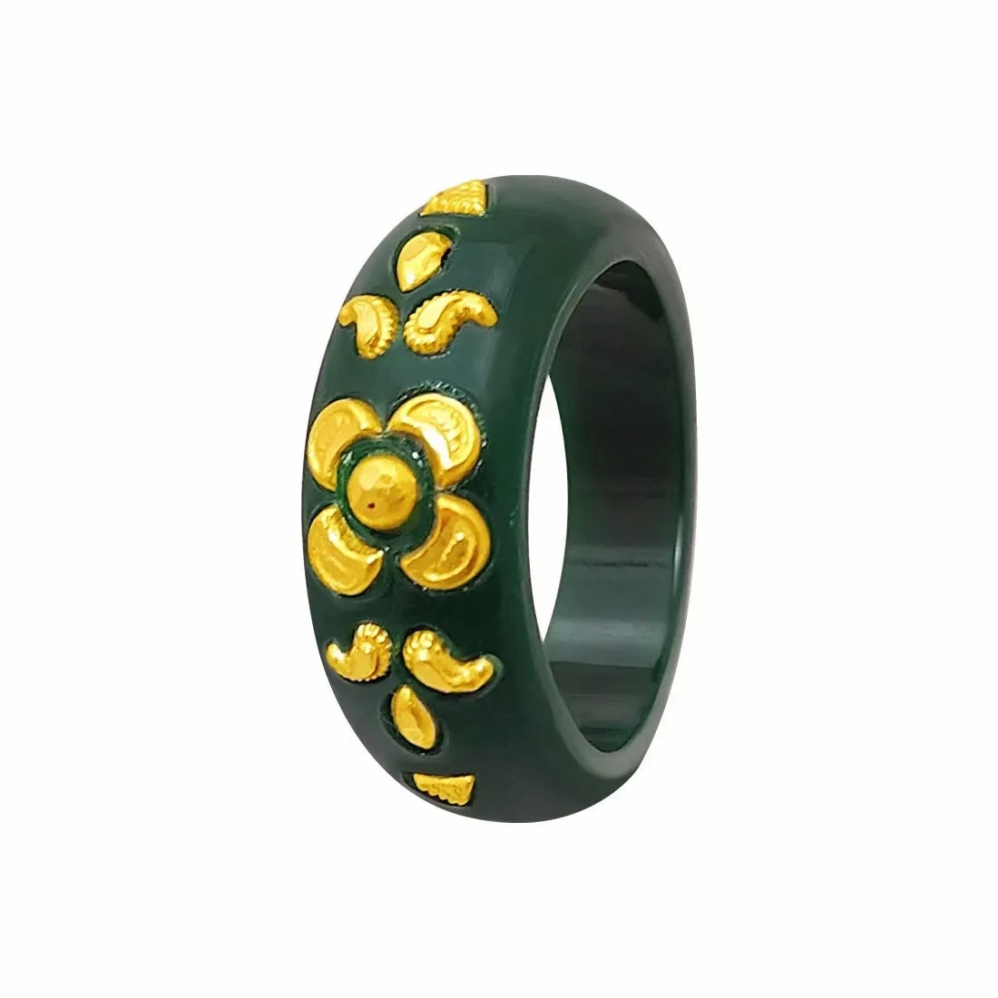 22KT (916) Yellow Gold Green Pola Ring With Floral Embellishments For Women &amp; Girls (Size 15)