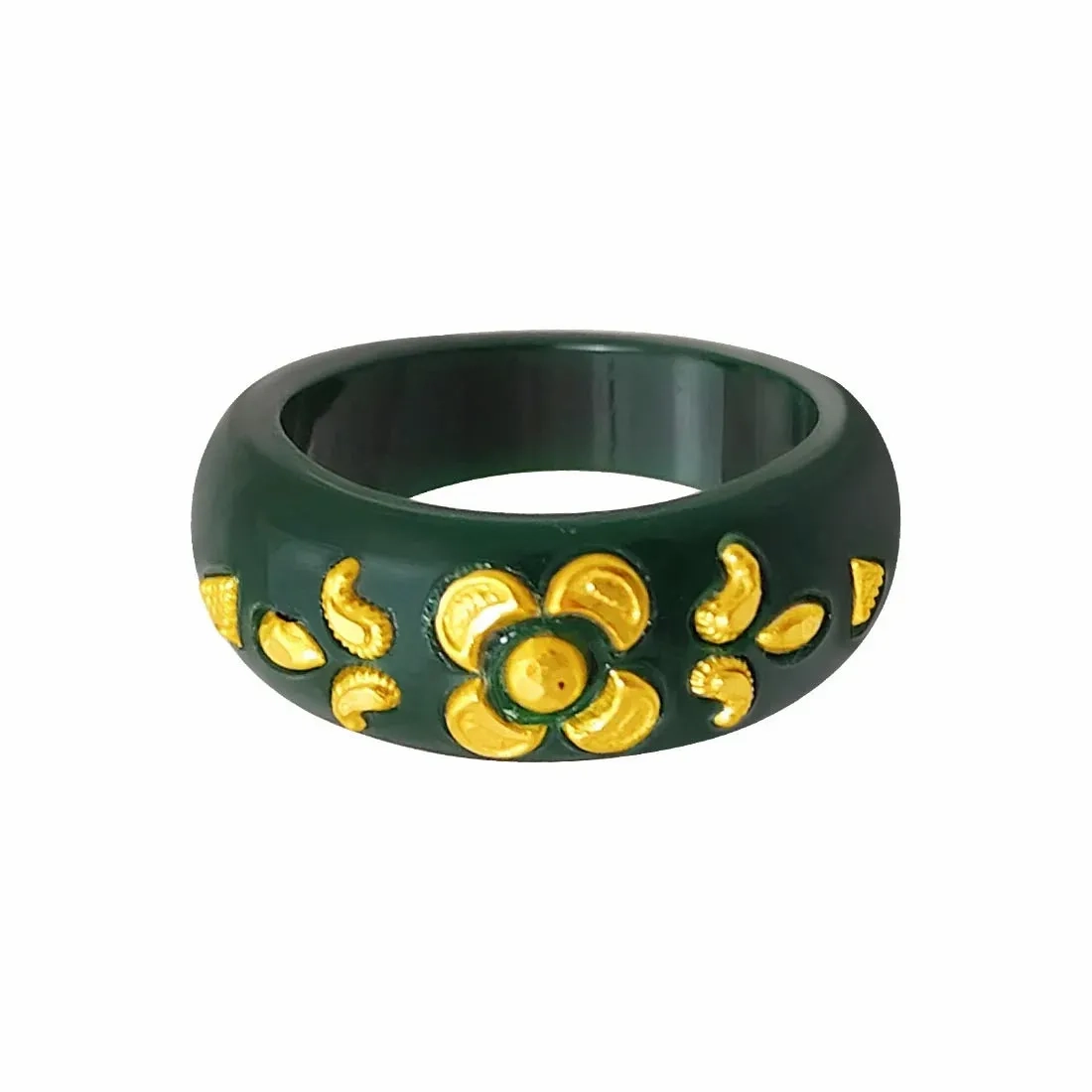 22KT (916) Yellow Gold Green Pola Ring With Floral Embellishments For Women &amp; Girls (Size 15)