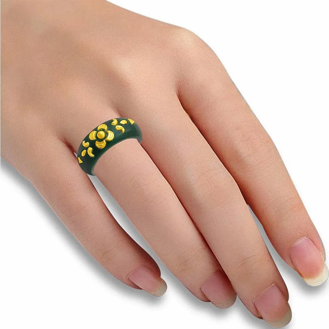 22KT (916) Yellow Gold Green Pola Ring With Floral Embellishments For Women &amp; Girls (Size 15)