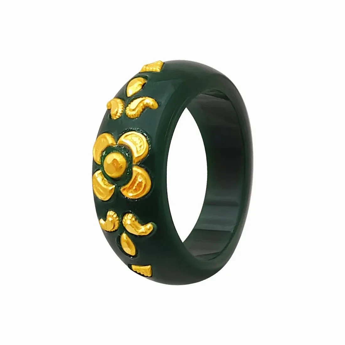 22KT (916) Yellow Gold Green Pola Ring With Floral Embellishments For Women &amp; Girls (Size 15)