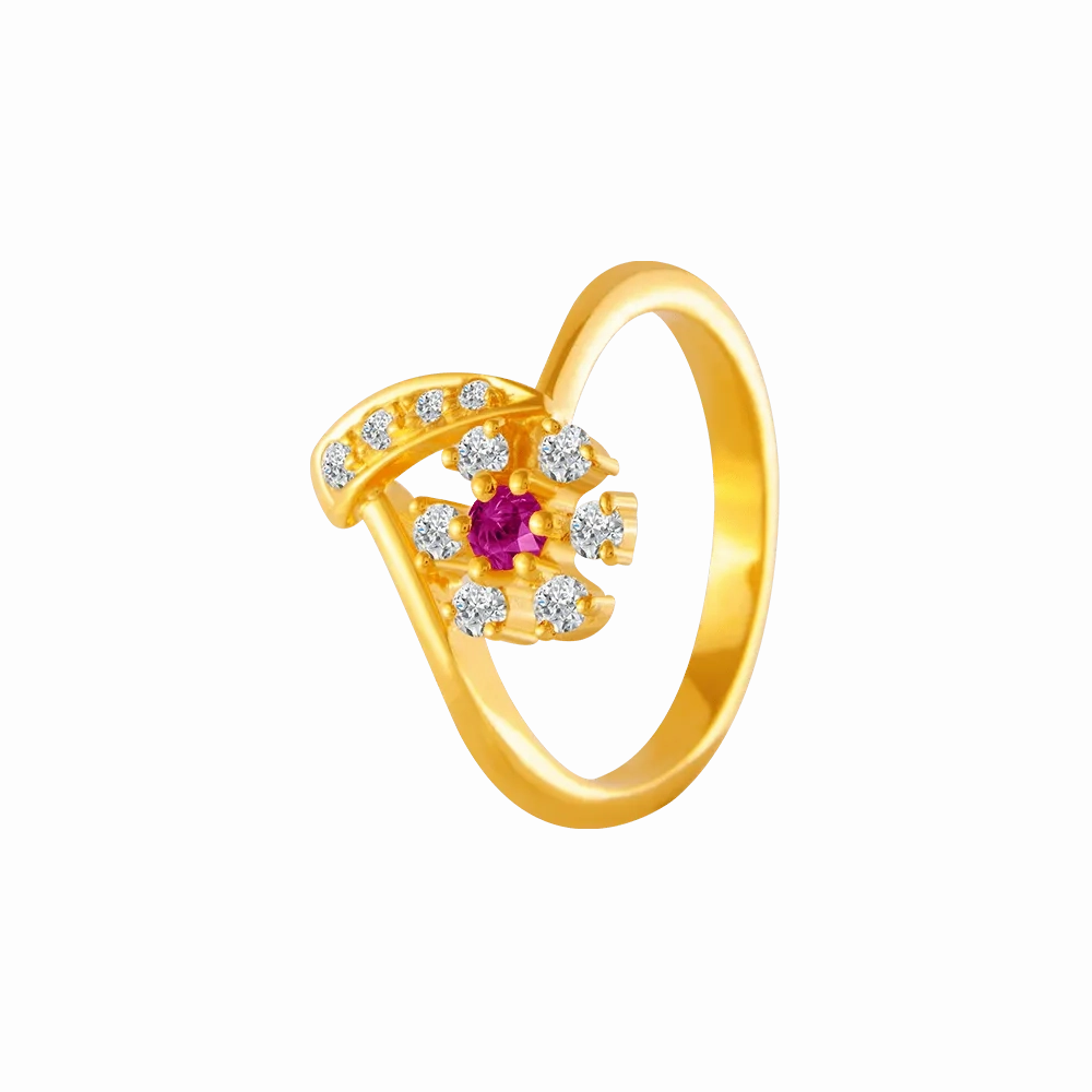 22KT Yellow Gold, American Diamond And Ruby Ring For Women