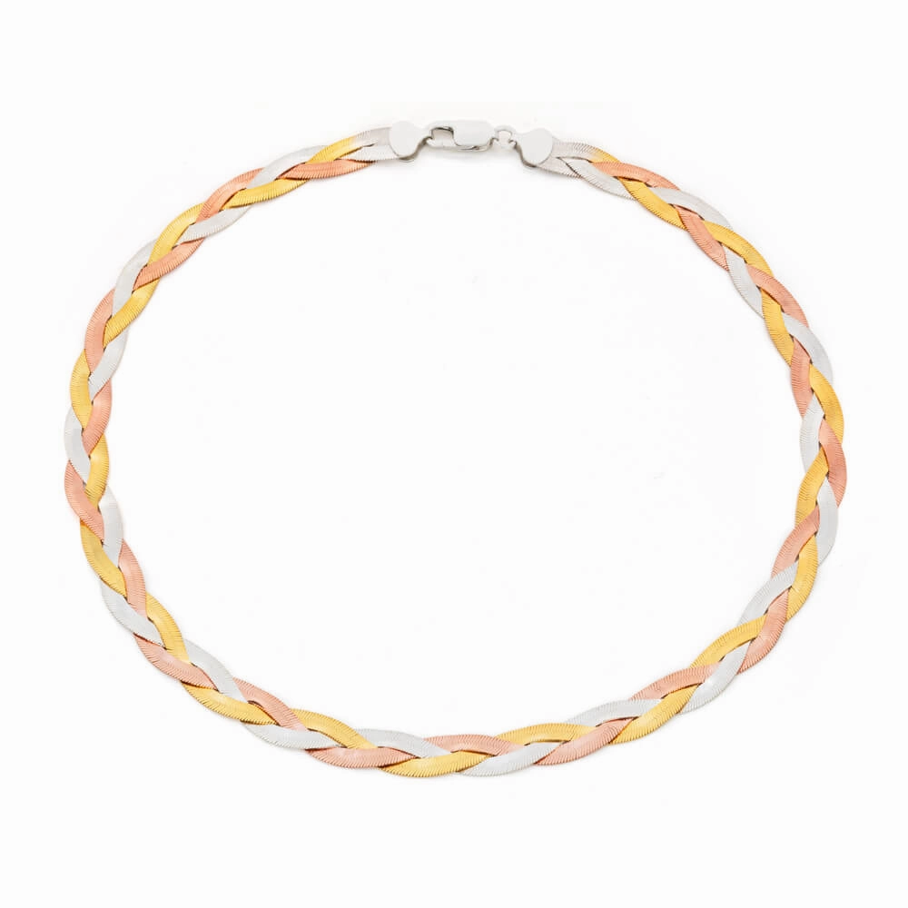 3 Tone Gold Plated Sterling Silver Herringbone Necklace 45cm