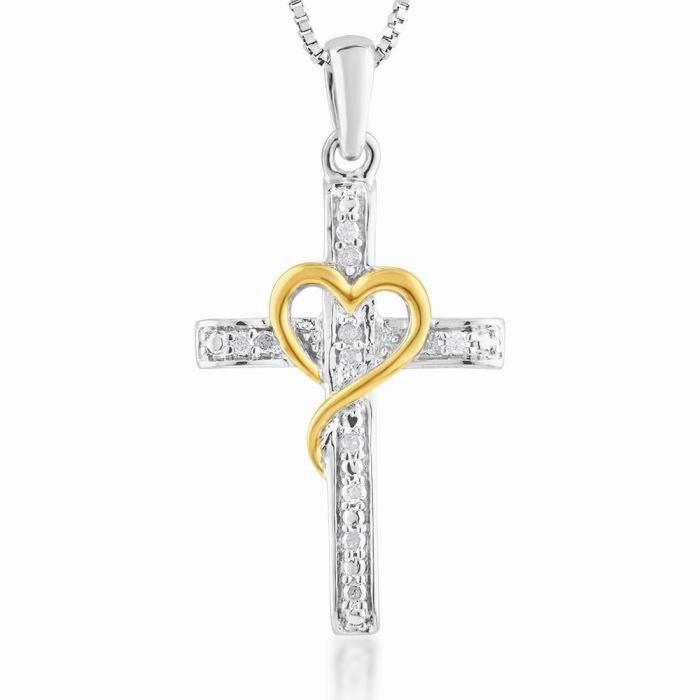 5 Point Diamond Cross Pendant in Sterling Silver with Yellow Heart Accent on 45cm Silver Chain