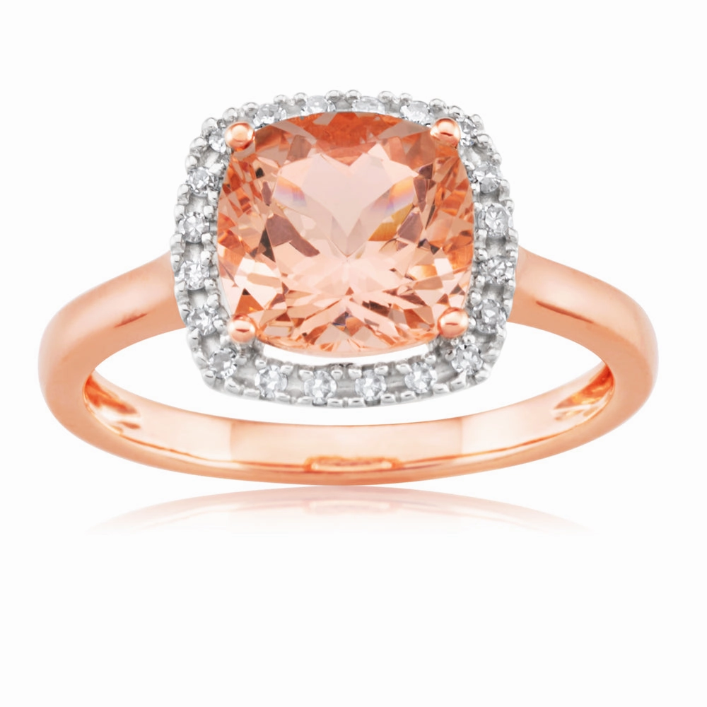 9ct Rose Gold 8mm 2.00 Carat Cushion Cut Morganite and 0.10 Carat Diamond Ring