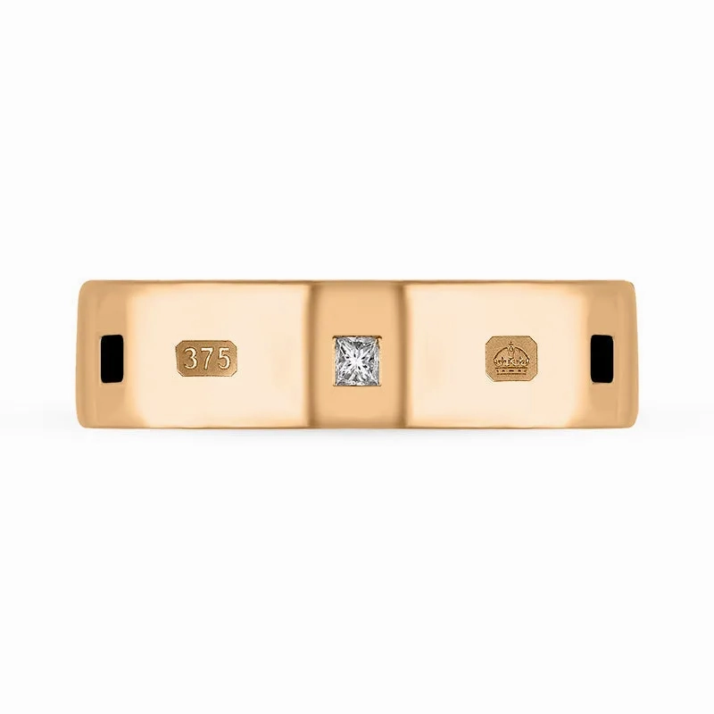 9ct Rose Gold Whitby Jet 0.18ct Diamond Queen's Jubilee Hallmark Princess Cut 6mm Ring D