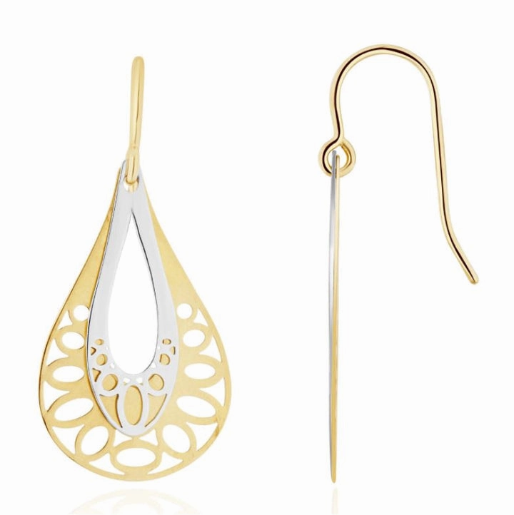 9CT Two Tone White & Yellow Gold Polished Filigree Drop Earrings 33x15mm
