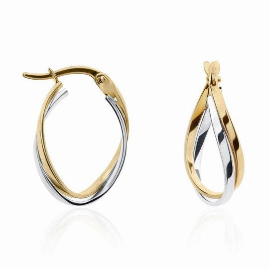 9ct two Tone White & Yellow Gold Two Row Oval Crossover Hoop Earrings 21x14mm