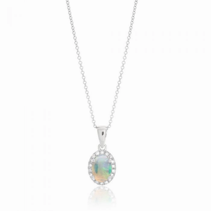 9ct White Gold 0.45ct Natural White Opal and Diamond Halo Pendant on 45cm Chain