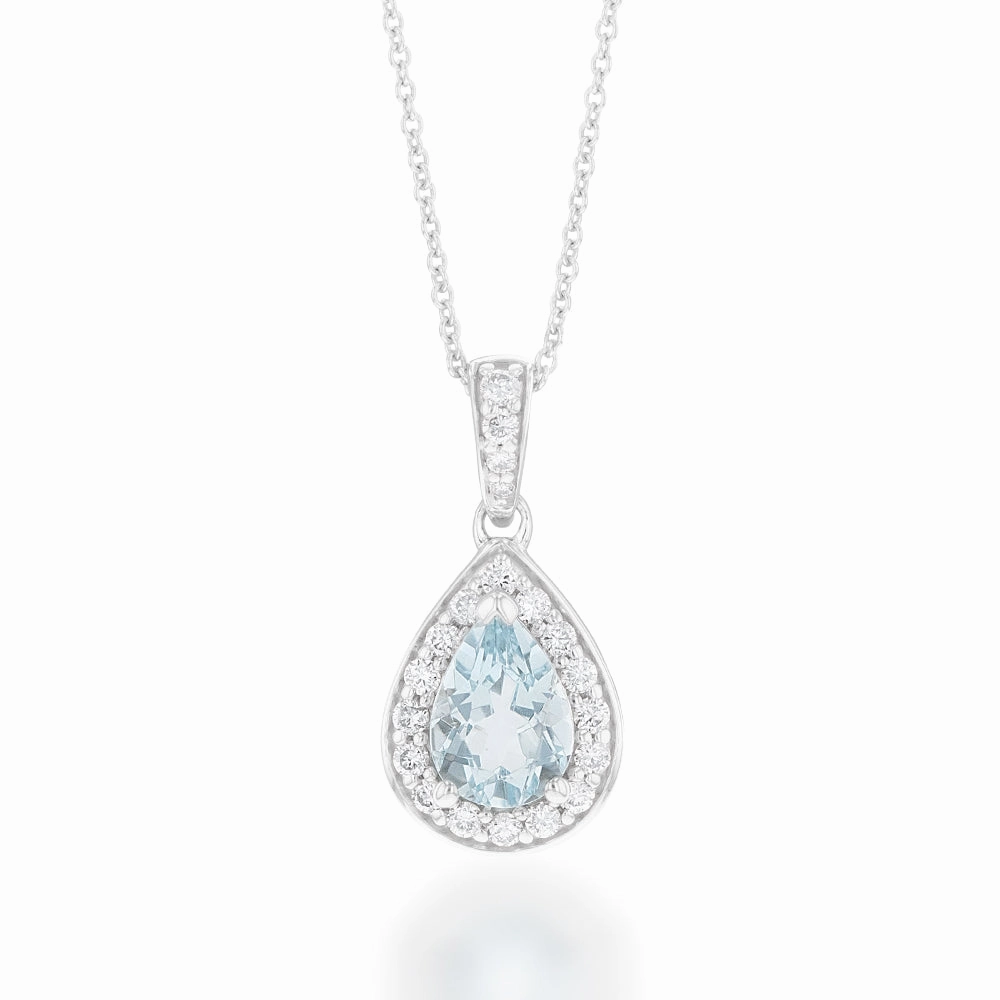 9ct White Gold 0.65ct Aquamarine and 0.15ct Diamond Pear Pendant on 45cm Chain