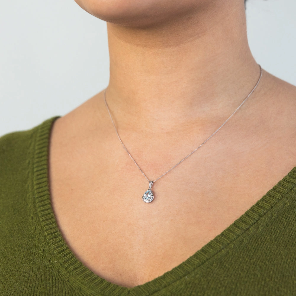 9ct White Gold 0.65ct Aquamarine and 0.15ct Diamond Pear Pendant on 45cm Chain