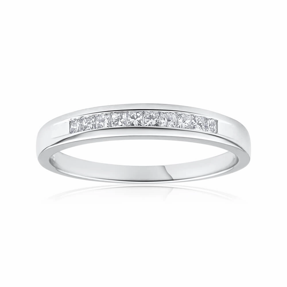 9ct White Gold 1/4 Carat Diamond Ring Set With 10 Princess Cut Diamonds