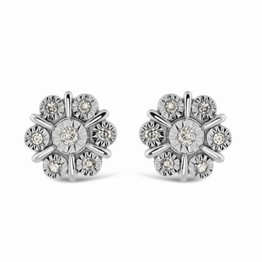 9ct White Gold Illusion Set Diamond Flower Cluster Stud Earrings