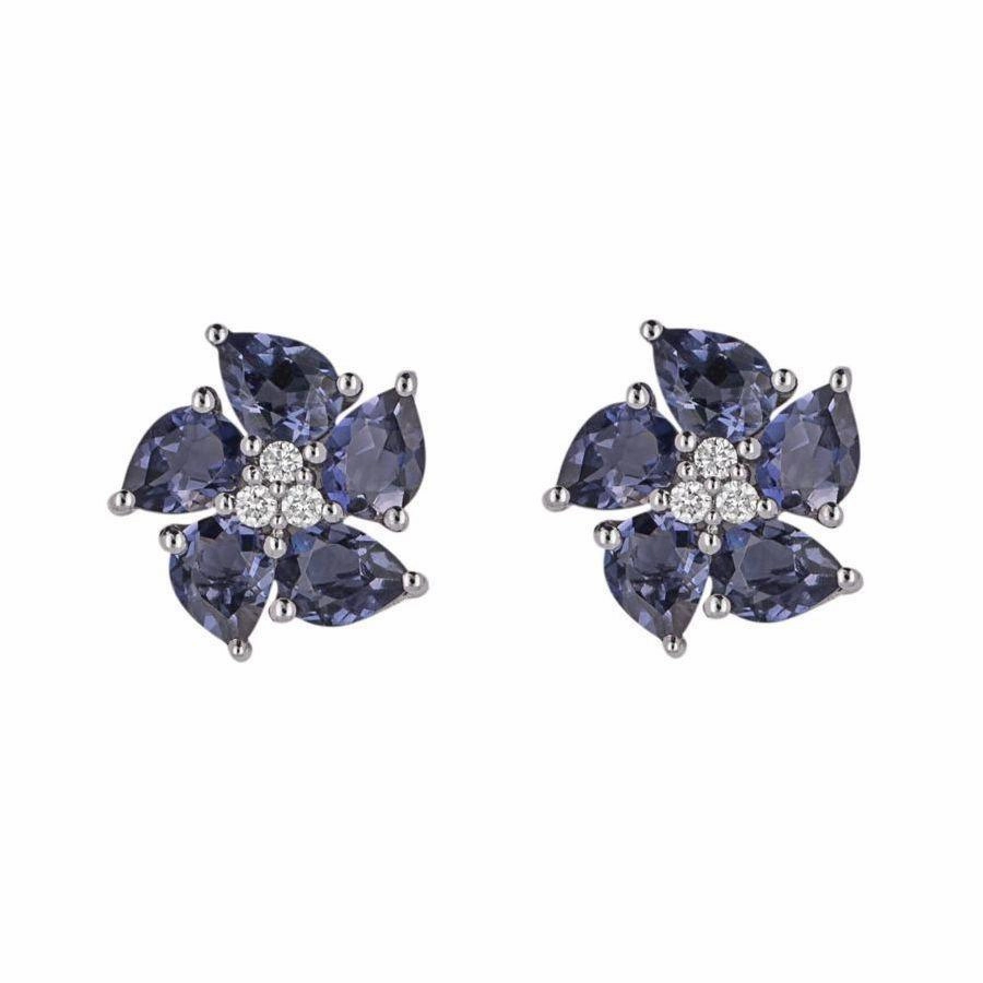 9ct White Gold Iolite & Diamond Peony Stud Earrings